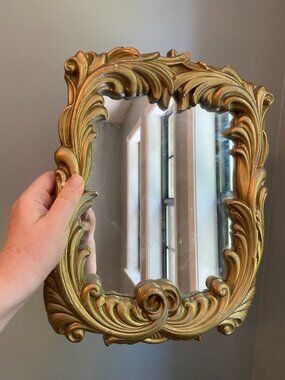 Antique Gold Ornate Mirror With Scroll Design 14 x 11 Inches Hollywood Regency S